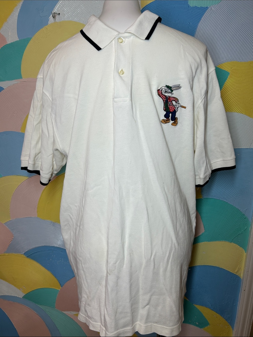ACME White Polo Shirt with Looney Tunes Embroidered Patch 100% cotton sz XL